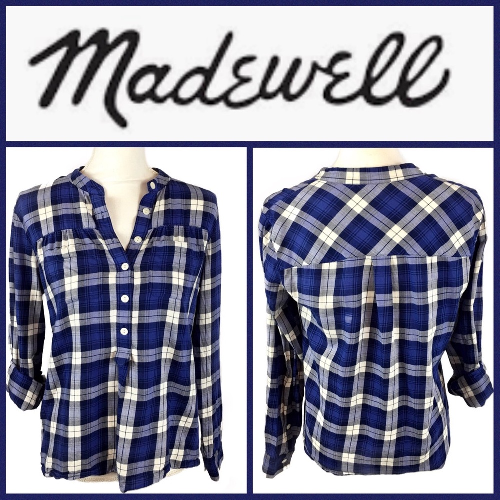 Madewell Blue Plaid Button Front Long Slv Top Sz S